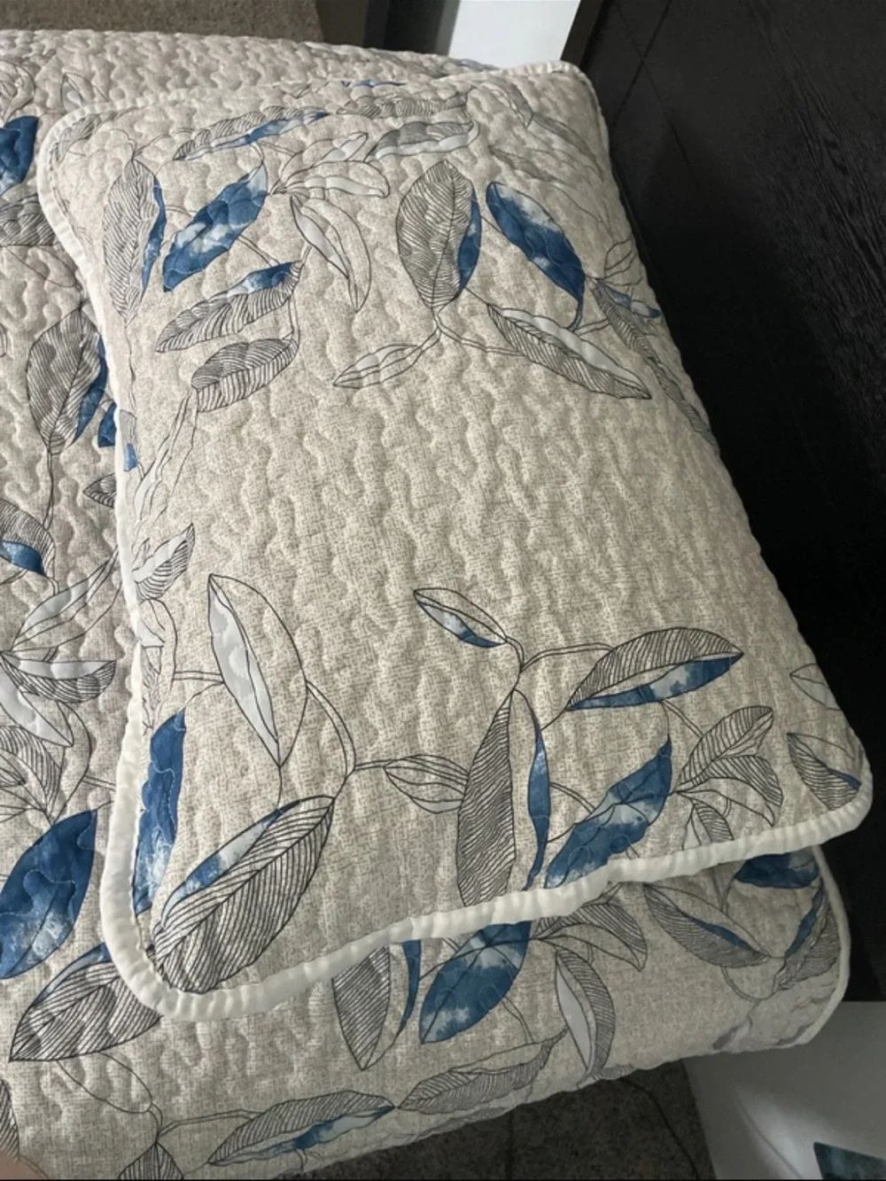Quilted Pillow Sham with Blue Leaf Print